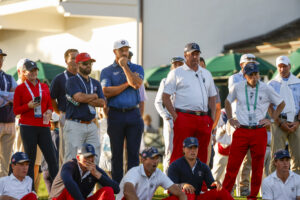 Bryson DeChambeau as seen with the USA Team reacting to Jase Summy (USA) putting on the 18th hole during singles matches of the 2025 Walker Cup at Cypress Point Club in Pebble Beach, Calif. on Saturday, Sept. 6, 2025. (Chris Keane/USGA)