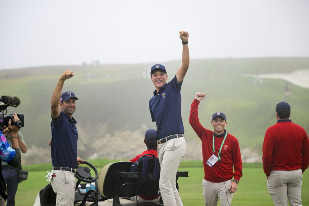 Stewart Hagestad and Mason Howell (USA) celebrate their win during singles matches of the 2025 Walker Cup at Cypress Point Club in Pebble Beach, Calif. on Sunday, Sept. 7, 2025. (Logan Whitton/USGA)